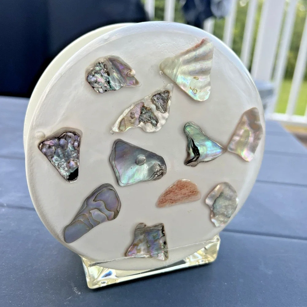 Vtg 1960s Lucite Napkin Letter Holder Abalone Sea Shells White Beach Ocean 6
